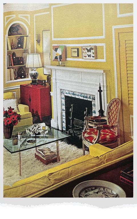 yellow living room with fireplace